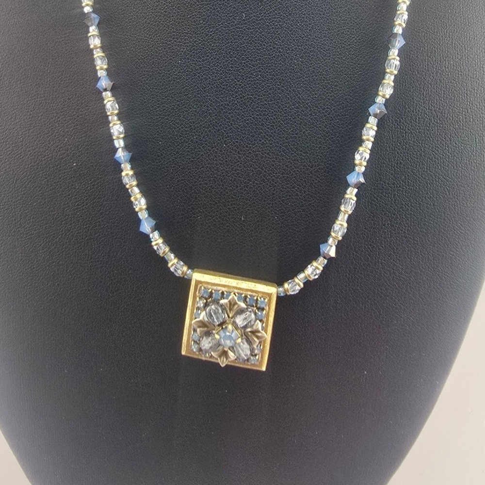 Vintage Michal Golan Necklace Blue Beaded Mosaic Square Pendant 16-18 In